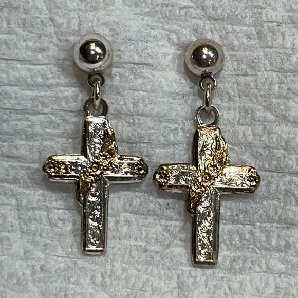 Montana Silversmith Silver silver cross post dangle earrings wrapped gold roses - Picture 9 of 14